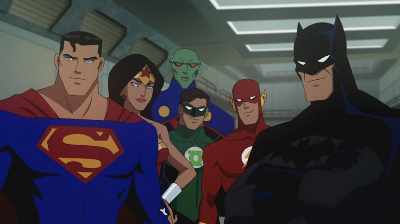 Superman, Wonder Woman, Martian Manhunter, Green Lantern, The Flash, and Batman assemble in Justice League: Crisis on Two Earths (2010)