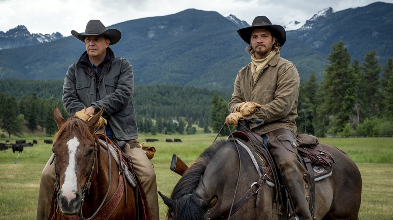 Kayce and John Dutton ride the range in "Yellowstone"