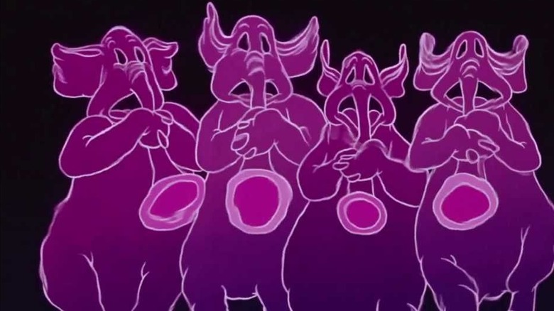 Pink elephant hallucinations playing trumpets