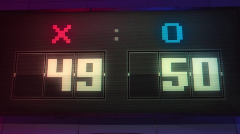 Glowing sign displaying votes in "Squid Game" (49 for X and 50 for O)